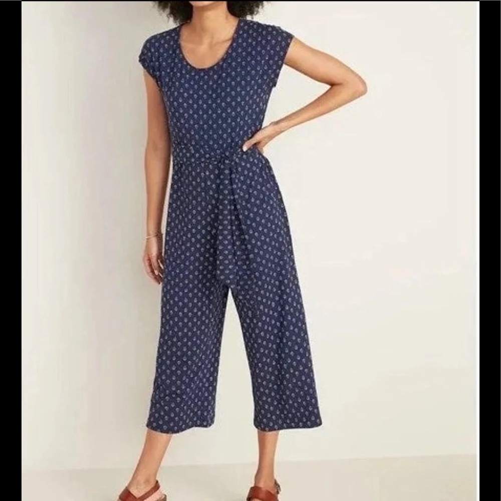Old Navy Navy Blue Printed Cap-Sleeve Jumpsuit